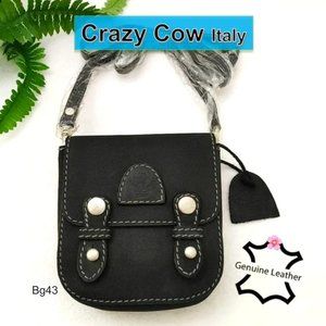 CRAZY COW Italy Unisex Black Genuine Leather Matte Crossbody Purse Belt Bag Flap